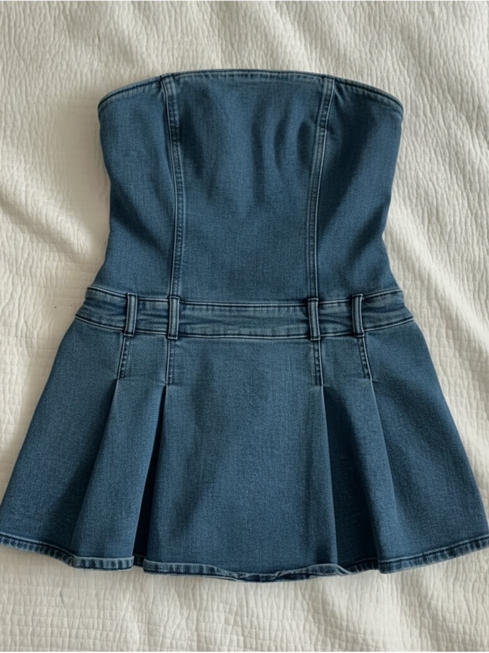 OAK + FORT Strapless Denim Mini Dress in Teal Blue